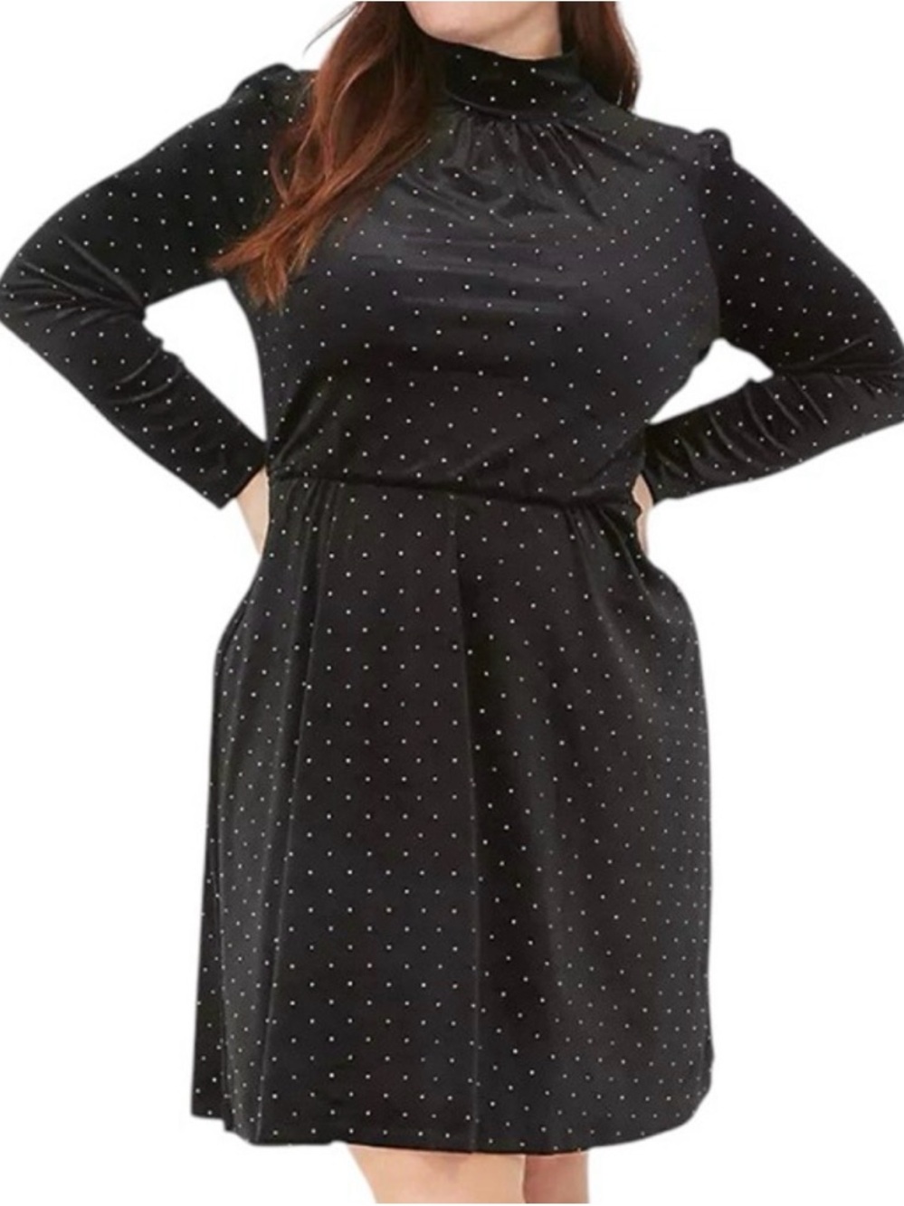 LANE BRYANT Mock-Neck Velvet Mini Dress Black with Gold Embellishment